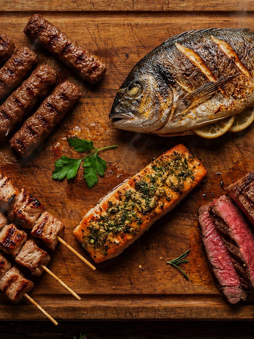 Grillspezialitäten, Fisch und Steak auf dem Holzbrett